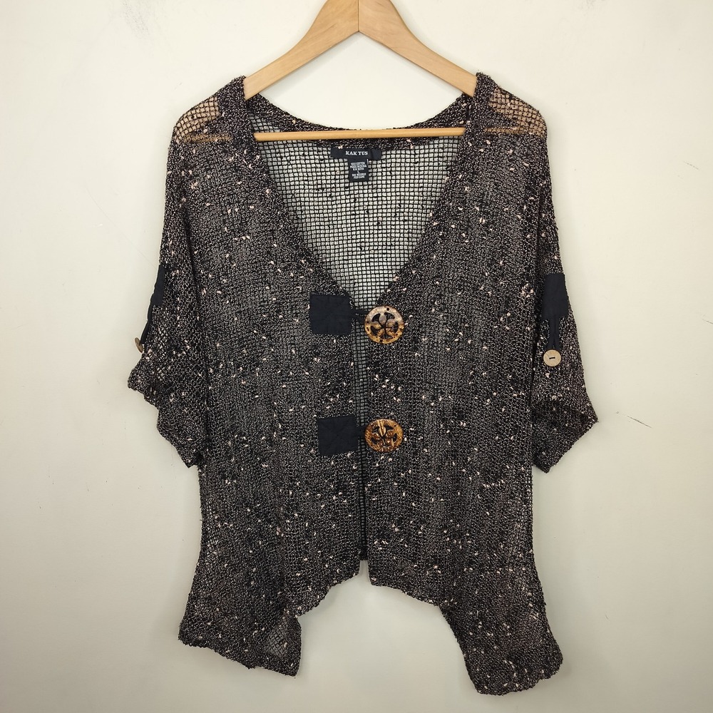 Kaktus Open Sheer Knit top Large Wooden Oversized Button Boho Black Pink